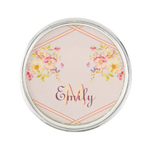 Watercolor Pink Yellow Roses, Lines, Monogram Lapel Pin