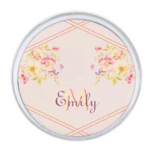 Watercolor Pink Yellow Roses, Lines, Monogram Silver Finish Lapel Pin