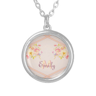 Watercolor Pink Yellow Roses, Lines, Monogram Silver Plated Necklace