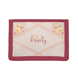 Watercolor Pink Yellow Roses, Lines, Monogram Trifold Wallet