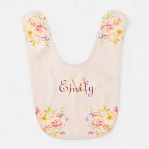 Watercolor Pink Yellow Roses, Monogram Baby Bib