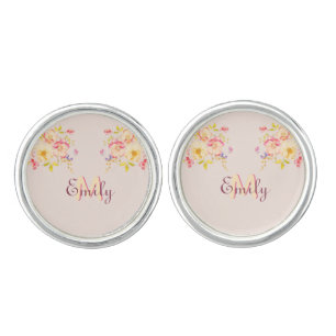 Watercolor Pink Yellow Roses, Monogram Cufflinks