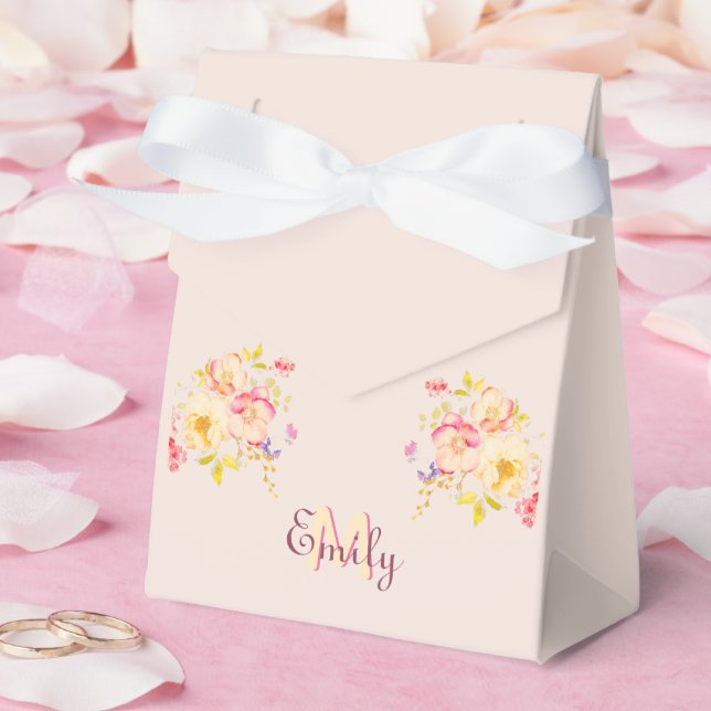 Watercolor Pink Yellow Roses, Monogram Favor Boxes (Wedding)