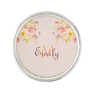 Watercolor Pink Yellow Roses, Monogram Lapel Pin