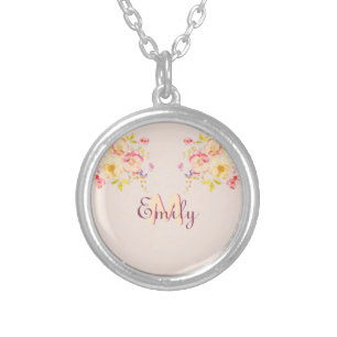 Watercolor Pink Yellow Roses, Monogram Silver Plated Necklace