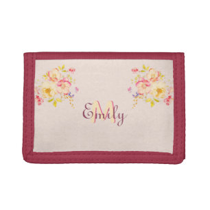Watercolor Pink Yellow Roses, Monogram Tri-fold Wallet