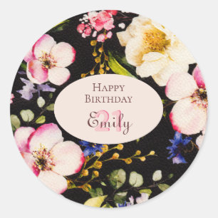 Watercolor Pink & Yellow Roses on Black, Birthday Classic Round Sticker
