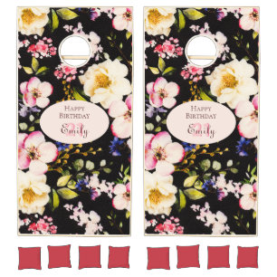 Watercolor Pink & Yellow Roses on Black, Birthday Cornhole Set