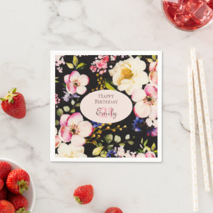 Watercolor Pink & Yellow Roses on Black, Birthday Napkins