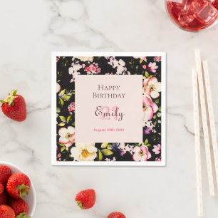 Watercolor Pink & Yellow Roses on Black, Birthday Napkins