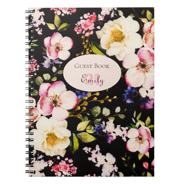 Watercolor Pink & Yellow Roses on Black, Birthday Notebook (Front)