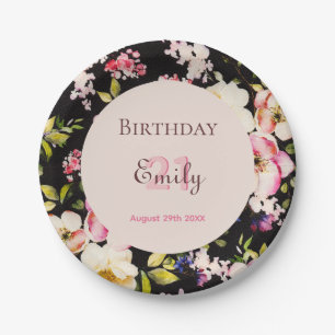 Watercolor Pink & Yellow Roses on Black, Birthday Paper Plates