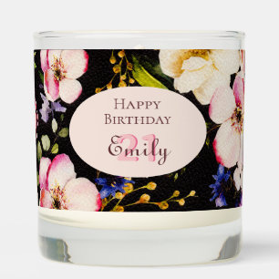 Watercolor Pink & Yellow Roses on Black, Birthday Scented Candle