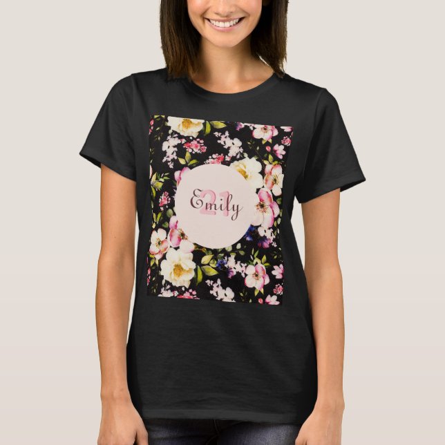 Watercolor Pink & Yellow Roses on Black, Birthday T-Shirt (Front)
