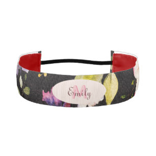 Watercolor Pink Yellow Roses on black, Monogram Athletic Headband