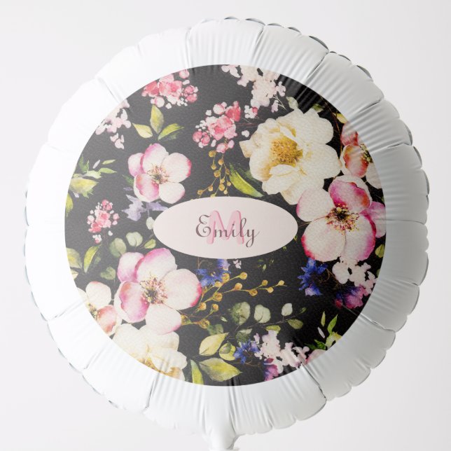 Watercolor Pink Yellow Roses on black, Monogram Balloon (Front)