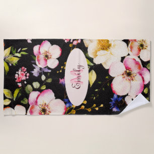 Watercolor Pink Yellow Roses on black, Monogram Beach Towel