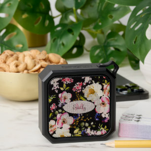 Watercolor Pink Yellow Roses on black, Monogram Bluetooth Speaker