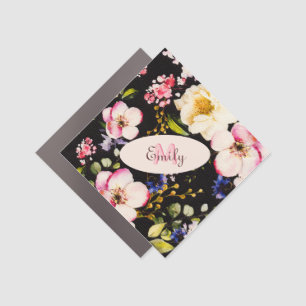 Watercolor Pink Yellow Roses on black, Monogram Car Magnet