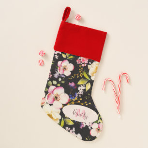 Watercolor Pink Yellow Roses on black, Monogram Christmas Stocking