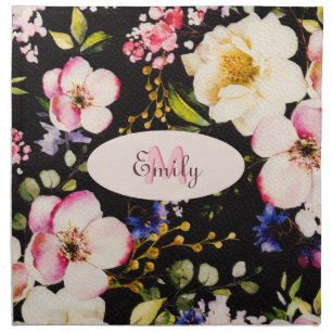 Watercolor Pink Yellow Roses on black, Monogram Cloth Napkin
