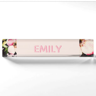 Watercolor Pink Yellow Roses on black, Monogram Desk Name Plate