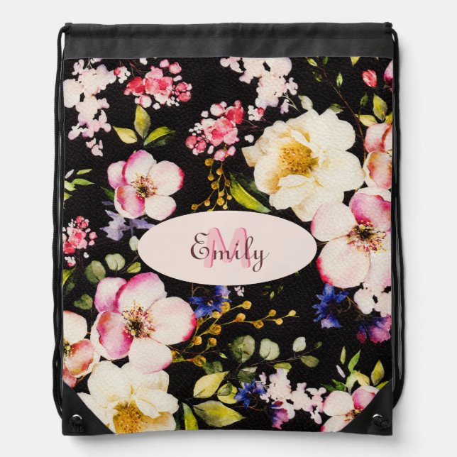 Watercolor Pink Yellow Roses on black, Monogram Drawstring Bag (Front)