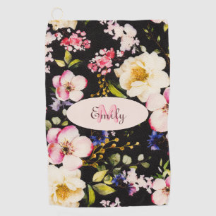 Watercolor Pink Yellow Roses on black, Monogram Golf Towel