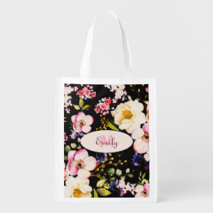 Watercolor Pink Yellow Roses on black, Monogram Grocery Bag