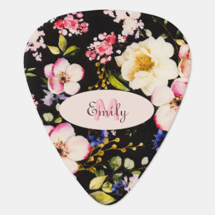 Watercolor Pink Yellow Roses on black, Monogram Guitar Pick