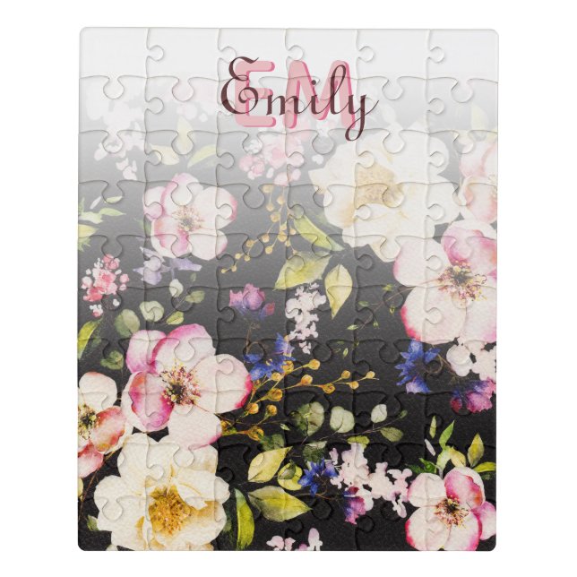 Watercolor Pink Yellow Roses on black, Monogram Jigsaw Puzzle (Puzzle Vertical)
