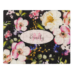 Watercolor Pink Yellow Roses on black, Monogram Jigsaw Puzzle
