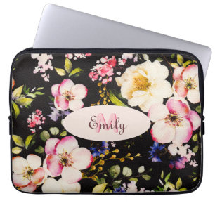 Watercolor Pink Yellow Roses on black, Monogram Laptop Sleeve