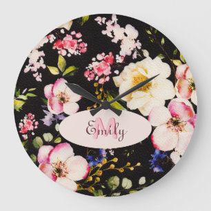 Watercolor Pink Yellow Roses on black, Monogram Large Clock