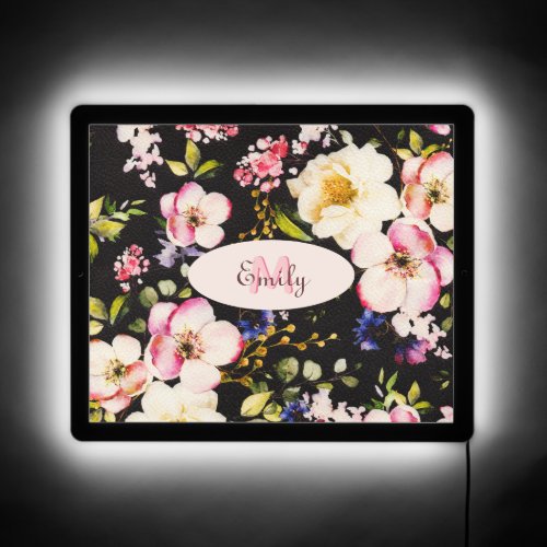 Watercolor Pink Yellow Roses on black Monogram LED Sign