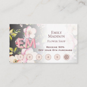 Watercolor Pink Yellow Roses on black, Monogram Loyalty Card