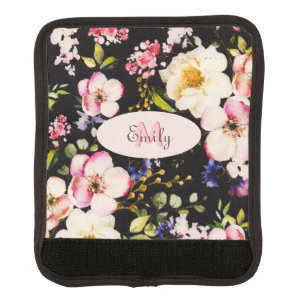 Watercolor Pink Yellow Roses on black, Monogram Luggage Handle Wrap