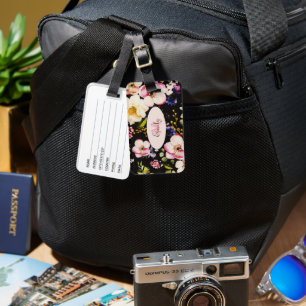 Watercolor Pink Yellow Roses on black, Monogram Luggage Tag