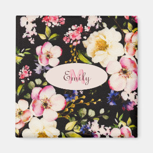 Watercolor Pink Yellow Roses on black, Monogram Magnet