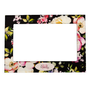 Watercolor Pink Yellow Roses on black, Monogram Magnetic Frame