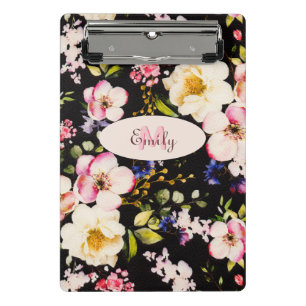 Watercolor Pink Yellow Roses on black, Monogram Mini Clipboard
