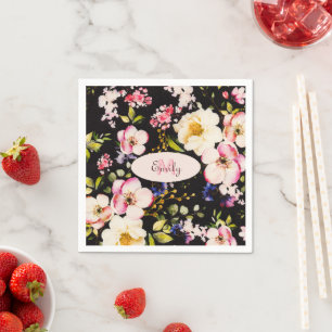 Watercolor Pink Yellow Roses on black, Monogram Napkins