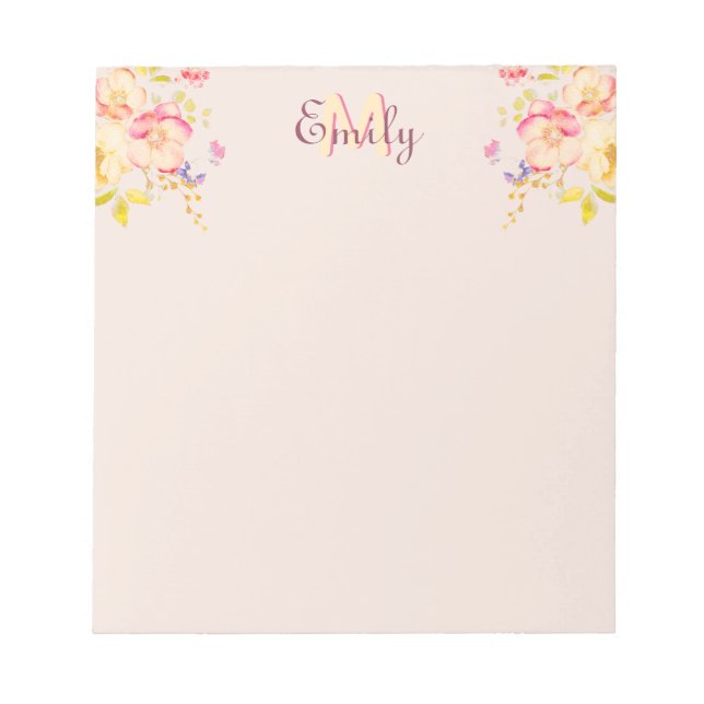 Watercolor Pink Yellow Roses on black, Monogram Notepad (Front)