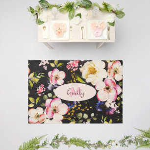 Watercolor Pink Yellow Roses on black, Monogram Outdoor Rug