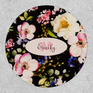 Watercolor Pink Yellow Roses on black, Monogram Patch