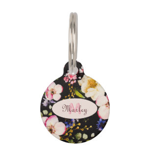 Watercolor Pink Yellow Roses on black, Monogram Pet ID Tag
