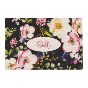 Watercolor Pink Yellow Roses on black, Monogram Placemat