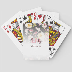 Watercolor Pink Yellow Roses on black, Monogram Poker Cards