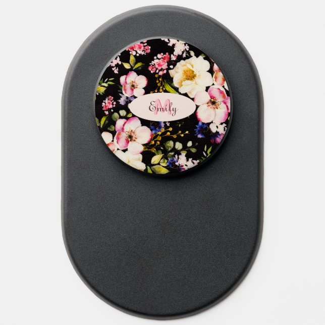 Watercolor Pink Yellow Roses on black, Monogram PopSocket (Popsocket)