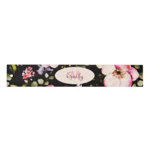 Watercolor Pink Yellow Roses on black, Monogram Ruler